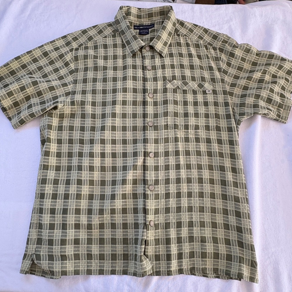 ExOfficio Mens Large Short‎ Sleeve Plaid Button Up Shirt Green Ventilated Back